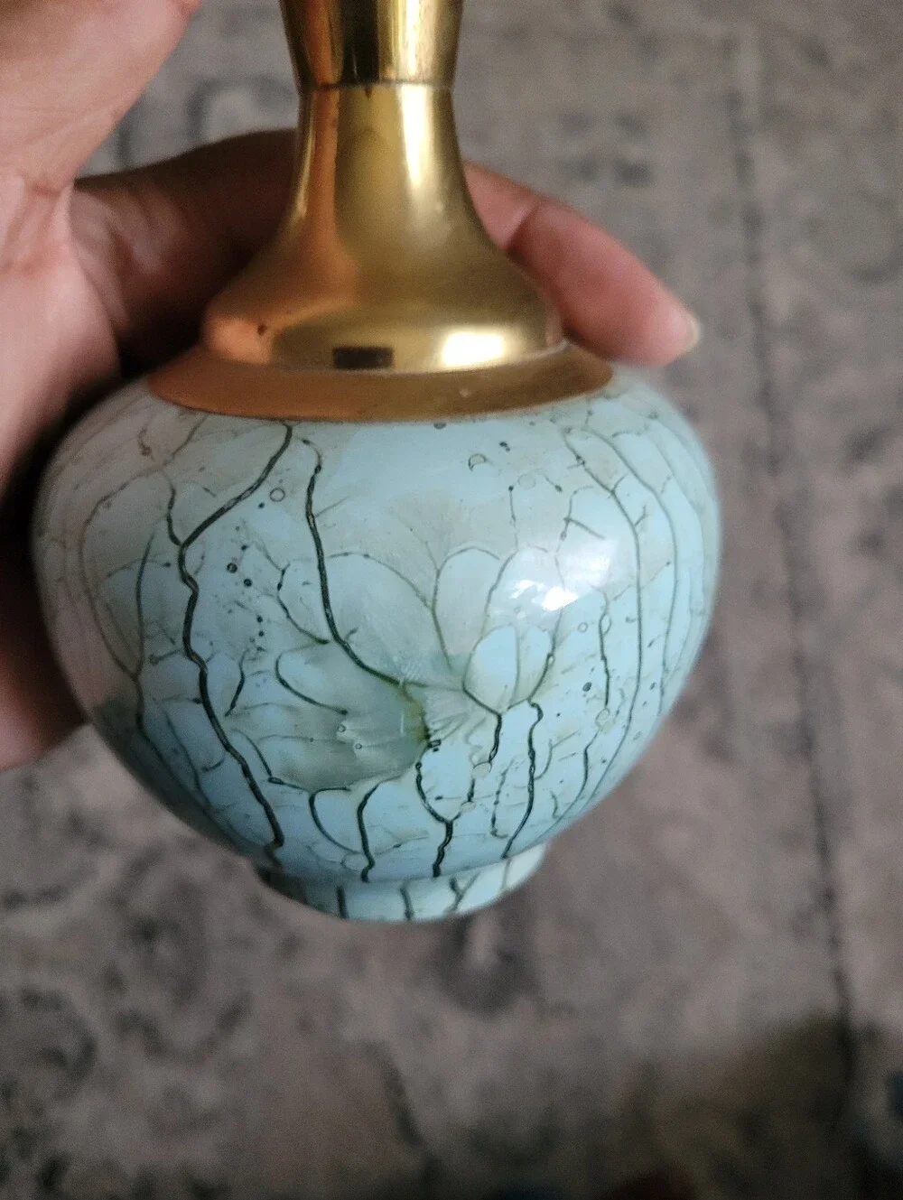 MCM Delftware Brass & Teal Crackle Ceramic Vase Handpainted Holland